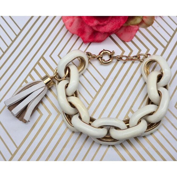 J Crew Chunky Gold Tone Cream Enamel Large Link Statement Bracelet 8" Tassel - Picture 7 of 9